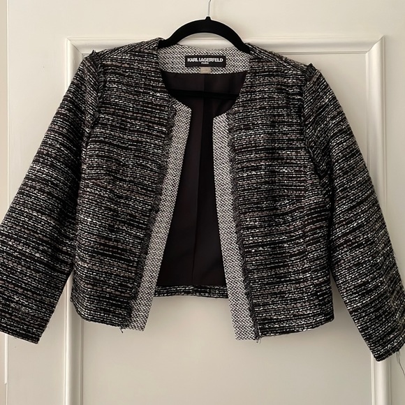 Karl Lagerfeld black & white textured cropped blazer size small cotton blend - Picture 1 of 5